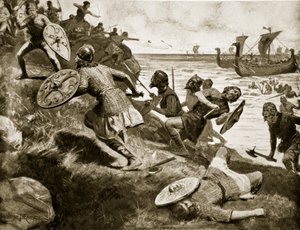 Kung Caedwalla attackerar Isle of Wight, 686, illustration från 
